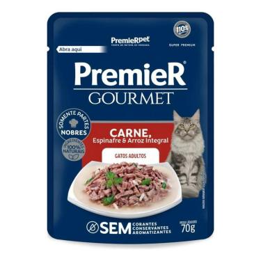 Imagem de Ração Úmida para Gatos Castrados Adultos Carne, Espinafre e Arroz Integral Premier Gourmet 70G