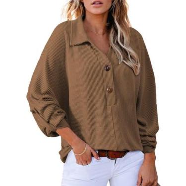 Imagem de Túnica feminina elegante, casual, com botão, manga comprida, café - As