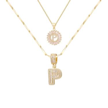 Imagem de ALFISO Colar com letras para mulheres, colares com inicial banhada a ouro 14K, joias personalizadas com nome personalizado, colar com pingente de iniciais para casal, 2 peças, colar elegante e