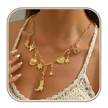 Imagem de immerFancy Colar com pingente de ouro, joia boho ocidental, para mulheres, estrela, lua, ferradura, turquesa, chapéu, pingente, clipe de papel, colar de corrente cowgirl, caubói, celestial, colares