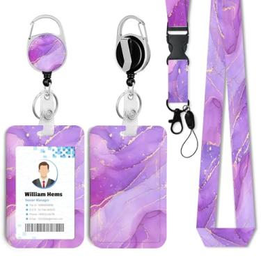 Imagem de Porta-crachá de identificação de mármore roxo com cordão de separação e carretel retrátil resistente - chaveiro mosquetão giratório de 360° para mulheres, estudantes, professores, enfermeiros, uso no