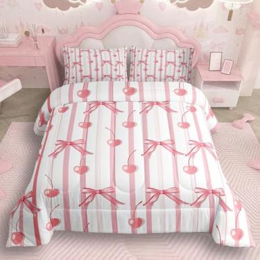 Imagem de jejeloiu Coquette Conjunto de cama king size com laços fofos, frutas, cereja, decoração de quarto de meninos, meninas, adolescentes, conjunto de edredom geométrico, respirável, macio e leve