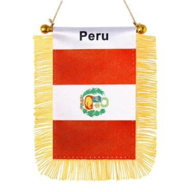 Imagem de JBSJBS Bandeira pendurada do Peru mini bandeiras de janela de carro peruano pequenas bandeiras de espelho retrovisor decoração bandeiras do Peru com ventosa com franjas douradas dupla face 7,6 x 12,7