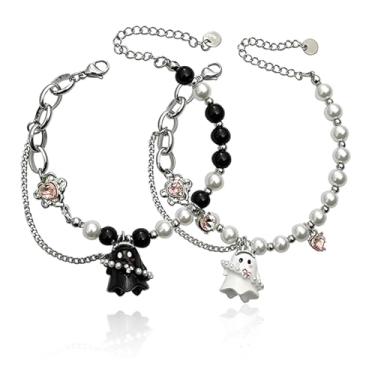 Imagem de RLHRNDE 2 pulseiras elásticas fantasma de Halloween gótico morcego aranha amuleto amor coração combinando pulseira para mulheres e homens, amantes, amigos, joias de amizade, Medium, Resina, Sem Pedra