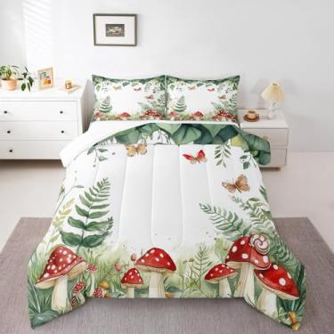 Imagem de Erosebridal Conjunto de edredom casal de cogumelo, folha verde de eucalipto, para crianças, meninas, meninos, plantas, botânica, borboleta, rústico, 3 peças, decoração de quarto