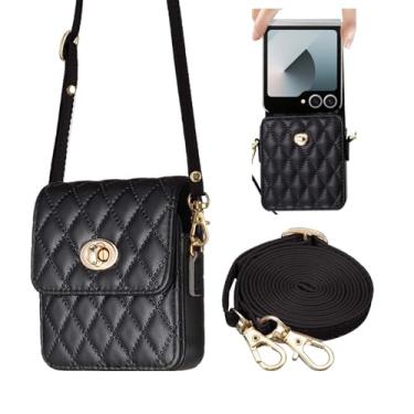 Imagem de Capa para Galaxy Z Flip7 / Z Flip 7 FE, capa de celular KONXISA com material de couro sintético, capa flip com alça de ombro longa e fivela mental, capa protetora resistente a poeira, preta