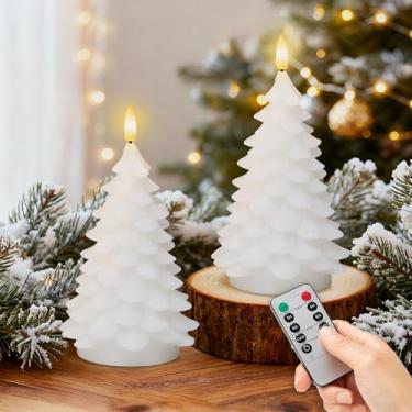 Imagem de JOIONE 2 velas de árvore de Natal sem chama com temporizador remoto, velas cintilantes operadas por bateria, velas de cera real de LED para celebração de ano novo, decoração de Natal, conjunto de 2