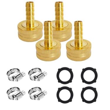 Imagem de aquadiai 4 peças de farpa de 5/8 polegadas x 3/4 GHT adaptador de mangueira fêmea conector de mangueira de jardim kit de reparo de mangueira de água de latão sólido com braçadeiras de aço inoxidável
