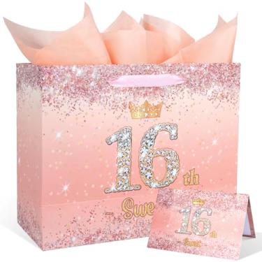 Imagem de Bolsa de presente de aniversário de 16 anos com glitter brilhante para meninas - grande rosa brilhante Happy Sweet 16th Gift Bag com 3 peças de papel de seda e cartão - perfeita para decorações de