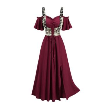Imagem de ROSE GAL Women Plus Size Medieval Renaissance Costume Dress Cold Shoulder Thigh Split Lace-up Textured Crinkly Maxi Corset Dress(Red/L)