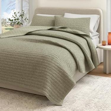 Imagem de Conjunto de colcha e fronha de waffle de favo de mel verde 100% algodão tamanho casal/queen - roupa lavada, textura tipo waffle, conjunto de cama leve de 3 peças (verde eucalipto)