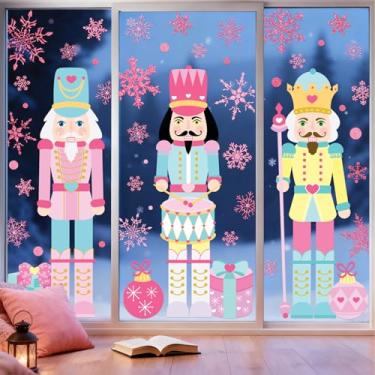 Imagem de Whaline Adesivos de janela de Natal rosa verde quebra-nozes floco de neve adesivos de vidro grandes frente e verso para decoração de Natal, casa, sala de aula, escritório, festa