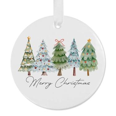Imagem de SWITHOM Enfeite de cerâmica para árvore de Natal, design de aquarela de dupla face, redondo de 7,5 cm, fita branca para pendurar, estilo moderno de férias, exibição decorativa interna