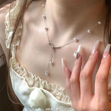 Imagem de Colar de borla com laço feminino simulado pérola gola corrente corrente clavícula, Medium, Resina, Pérola Sem Pedra Preciosa