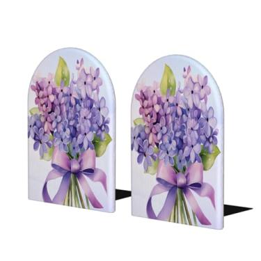 Imagem de Linda flor roxa grande suporte de livros de madeira decorativo antiderrapante resistente terminais de livros para escritório mesa de escritório em casa biblioteca escola estudo decoração divisórias de