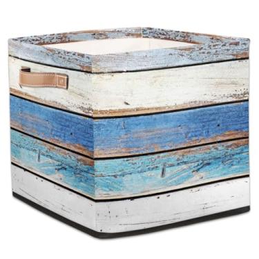 Imagem de hongjinglin Cestos dobráveis de armazenamento em cubos de madeira azul à beira-mar, caixas dobráveis para crianças, brinquedo com alças, organizador de tecido, cesto organizador para berçário, sala de