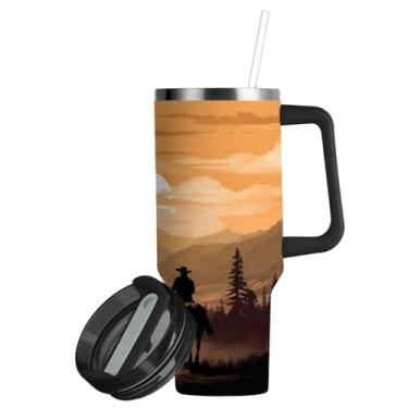 Imagem de ATTX Copo caubói americano de 850 g com alça, copo de aço inoxidável a vácuo de parede dupla com palha, caneca de café isolada para viagem #672