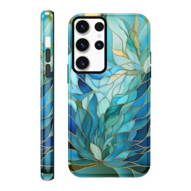 Imagem de Vulfwela Capa para celular Galaxy S24 Ultra 5G de 16,8 cm com vitrais artísticos, estampa de flores de folhas azuis, híbrida, 2 em 1, capa protetora de silicone à prova de choque para homens, mulheres