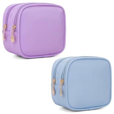 Imagem de XIAOLER Bolsa de maquiagem pequena, bolsa de cosméticos com zíper duplo, bolsa de maquiagem de viagem, linda bolsa de maquiagem para bolsa, mini bolsa de higiene pessoal, Azul + lilás
