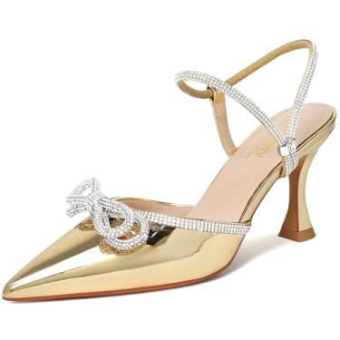 Imagem de Susanny Sapato feminino fechado Rhinstone casamento salto baixo slingback transparente gatinho, tira ajustável, bico fino, salto alto, vestido de formatura, Ouro - gatinho, 38