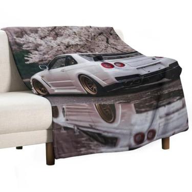 Imagem de HouLaiZhe Cobertor super macio de flanela modificado R34 JDM esportivo flor de cerejeira cobertores refrescantes leves para sofá-cama cadeira sofá carro viagem ao ar livre leve quente 140 x 178 cm