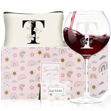 Imagem de Presentes de Natal para mulheres, taças de vinho com monograma com bolsa de maquiagem, presentes exclusivos de elefante branco de casamento para mãe, pai, irmã, professora, esposa, marido (T)