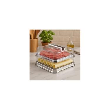 Imagem de Porta Frios Duplo em Aço Inox com Tampa Acrílica, 32x19cm, Conjunto para Armazenamento de Alimentos