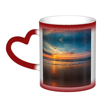 Imagem de Copo de café divertido pôr do sol onda de praia, copo de cerâmica com mudança de cor sensível ao calor 12 Oz, para café/chá/leite/cacau, para adolescente/aniversário/festival/presentes