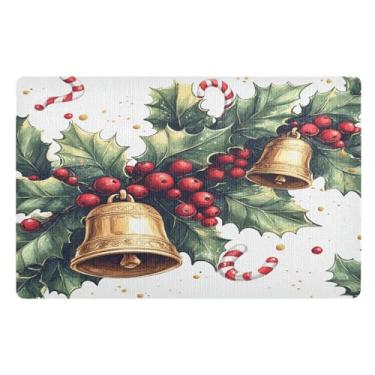 Imagem de STAYTOP Tapete de porta de bagas e sinos de Natal para entrada externa 81 x 50 cm, tapete de boas-vindas para ambientes externos/internos, tapetes de banho fofos, capacho frontal antiderrapante para
