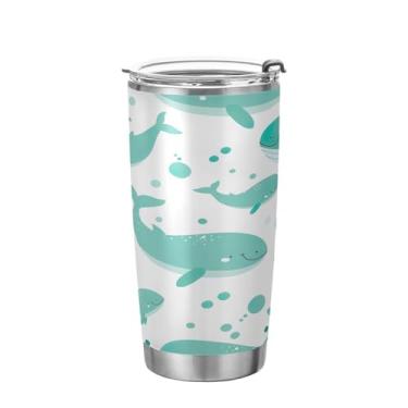 Imagem de Kigai Copo de aço inoxidável de baleia fofo de 590 ml, copo de café isolado com tampa e canudo, caneca de café de viagem de parede dupla para bebidas quentes e frias