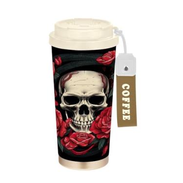 Imagem de Wassud Caneca de café de viagem com isolamento térmico caveira com rosas vermelhas copo à prova de vazamento com tampa e canudo garrafa de água de aço inoxidável para café quente/gelo, chá e cerveja