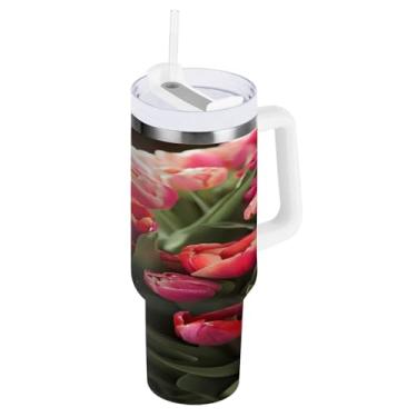 Imagem de STAYTOP Copo de tulipas bonito de 1,134 g com tampa e canudo, copo isolado de aço inoxidável durável à prova de vazamento com alça, garrafas de água à prova de derramamento para viagens