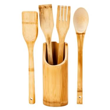Imagem de Kit 5 Utensílios de Cozinha em Bambu 100% Ecológico com Suporte Natural - Resistentes ao Calor, Leves - Colher de Pau, Espátula, Garfo - Compatível com Antiaderente, Durável e Não Pega Cheiro