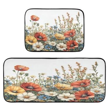 Imagem de STAYTOP Lindos tapetes de cozinha de flores silvestres, 2 peças, tapete de entrada frontal, antiderrapante, alivia a fadiga, lavável, tapete para cozinha, quarto, varanda
