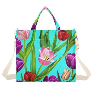 Imagem de Burbuja Sacola feminina vibrante de tulipas de veludo cotelê, bolsa tiracolo para compras, trabalho, viagens, C381, Medium