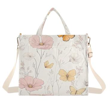 Imagem de Burbuja Sacola feminina rosa amarela com flores de veludo cotelê, bolsa tiracolo para compras, trabalho, viagem, P, B408, Small