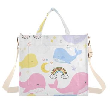 Imagem de Burbuja Sacola feminina com desenho de baleias pastel, bolsa tiracolo de veludo cotelê para compras, trabalho, viagens, Baleias de desenho animado em pastel, Small