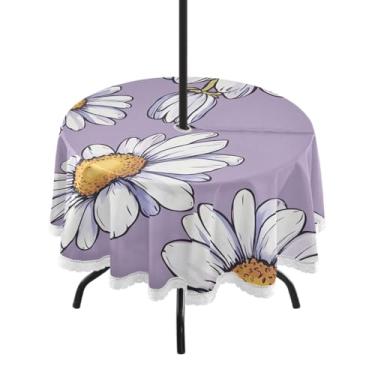 Imagem de CEBUGI Toalha de mesa redonda para uso ao ar livre, margarida branca, impermeável, com furo Umberlla, capa de mesa lavável para pátio, cozinha, sala de jantar, 152 cm