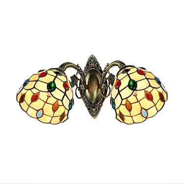 Imagem de Arandela de parede estilo Tiffany mediterrâneo com contas de cristal e vitral, ideal para banheiro, quarto, cabeceira, corredor e varanda. Potência máxima de 40W, 110V-240V, 2 braços.