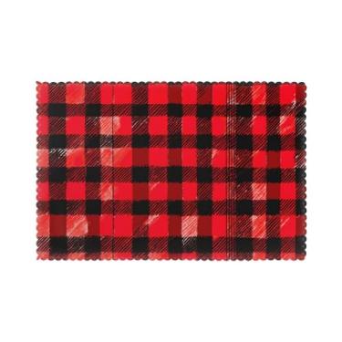 Imagem de Jogo americano xadrez vermelho e preto para mesa de jantar, conjunto de 6 resistentes ao calor, fácil limpeza para uso diário