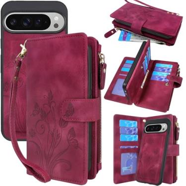 Imagem de Lacass Capa carteira para Google Pixel 9 Pro XL, [12 compartimentos para cartão] Carteira de couro removível com zíper e cordão de pulso (floral vinho vermelho)