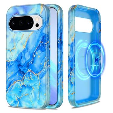Imagem de Casetego Capa para Google Pixel 9 Pro XL, compatível com MagSafe,[Teste de queda de grau militar] Capa fina à prova de choque robusta mármore feminina para meninas para Google Pixel 9 Pro XL, azul