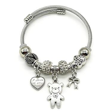 Imagem de Bshpima Pulseira feminina prateada - Pulseira ajustável de aço de titânio com pingente de árvore da vida/coração/urso e contas de cristal, kit de joias com tema de amor, lembrancinhas perfeitas para