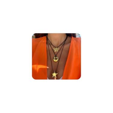 Imagem de Colar feminino com laço de coração de ouro, 3 peças, corrente de corda de couro preto ajustável, colar com pingente empilhável em camadas, joia estética, Large, Liga de aço, Sem Pedra Preciosa