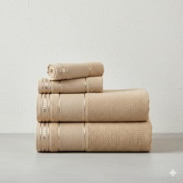 Imagem de Kit Toalha de Banho e Rosto 4 Pçs 100% Algodão 290 g/m2 Hipoalergênica - Barra Decoratica, Luxo, Toque Macio e alta absorção - Bege