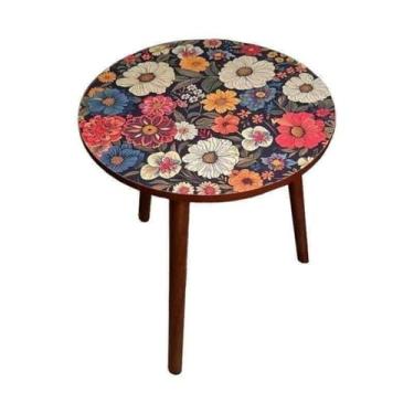 Imagem de Mesa lateral redonda, com estampa floral colorida, mesa de cabeceira moderna com perna de madeira maciça para sala de estar, quarto, cantos e escritório