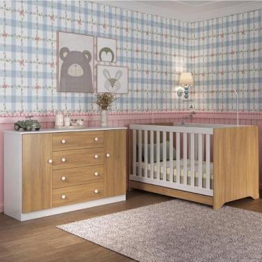 Imagem de Berço Americano 3 em 1 com Cômoda 2 Portas 4 Gavetas Encanto Multimóveis Mp4691 Branco/madeirado