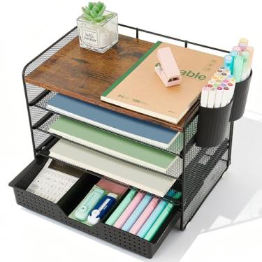 Imagem de LEKETREE Organizador de mesa de madeira e acessórios, bandeja organizadora de papel de 5 camadas com gaveta e 2 porta-canetas para organização de arquivos de mesa, acessórios de mesa de escritório