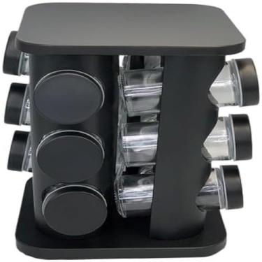 Imagem de Organizador de condimentos, suporte giratorio preto com seis potes, 80ml, essencial.