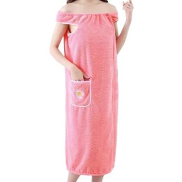 Imagem de Envoltório de toalha de banho feminino, toalha de banho feminina vestível com bolso, toalhas de banho absorventes de lã coral macio para mulheres e meninas, roupão de banho de secagem rápida para casa
